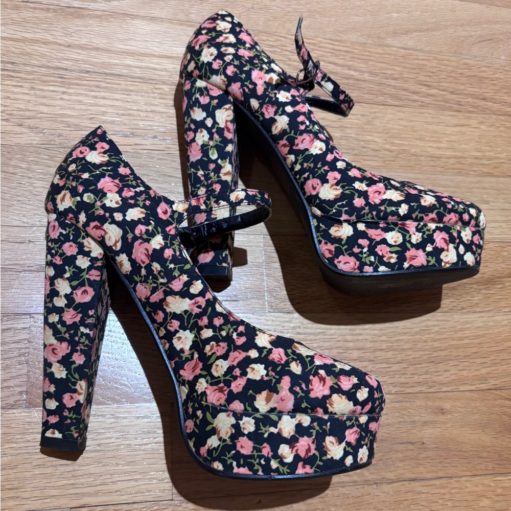 Y2K Style Floral Platform Heels with Ankle Strap